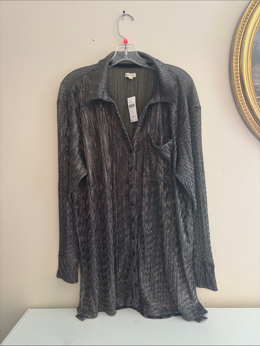 Pilcro Metallic Ribbed Button-Down Shirt - Black